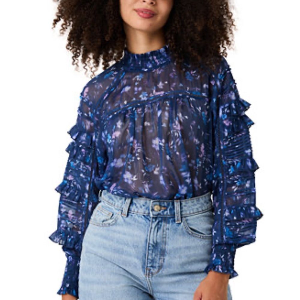 French Connection Blue Floral Ruffle High Neck Long Sleeve Top | M